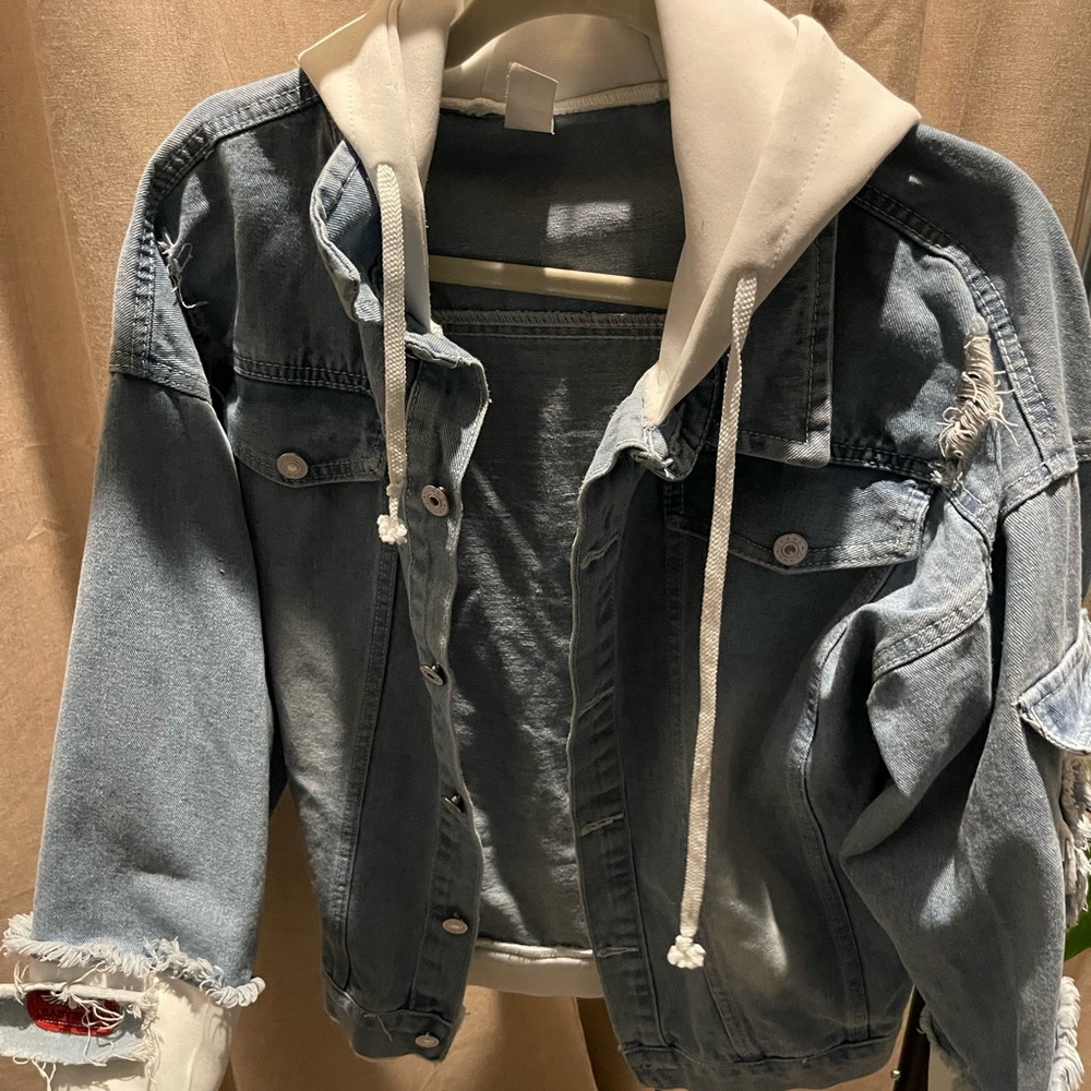 Adolescent jean jacket hoodie look